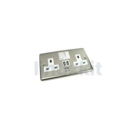 UK Brushed Chrome Wall Socket with 2 built in USB Charging Ports